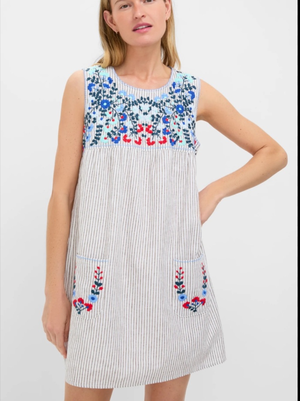 Tuckernuck Brown Striped Dress with Blue Floral Embroidery